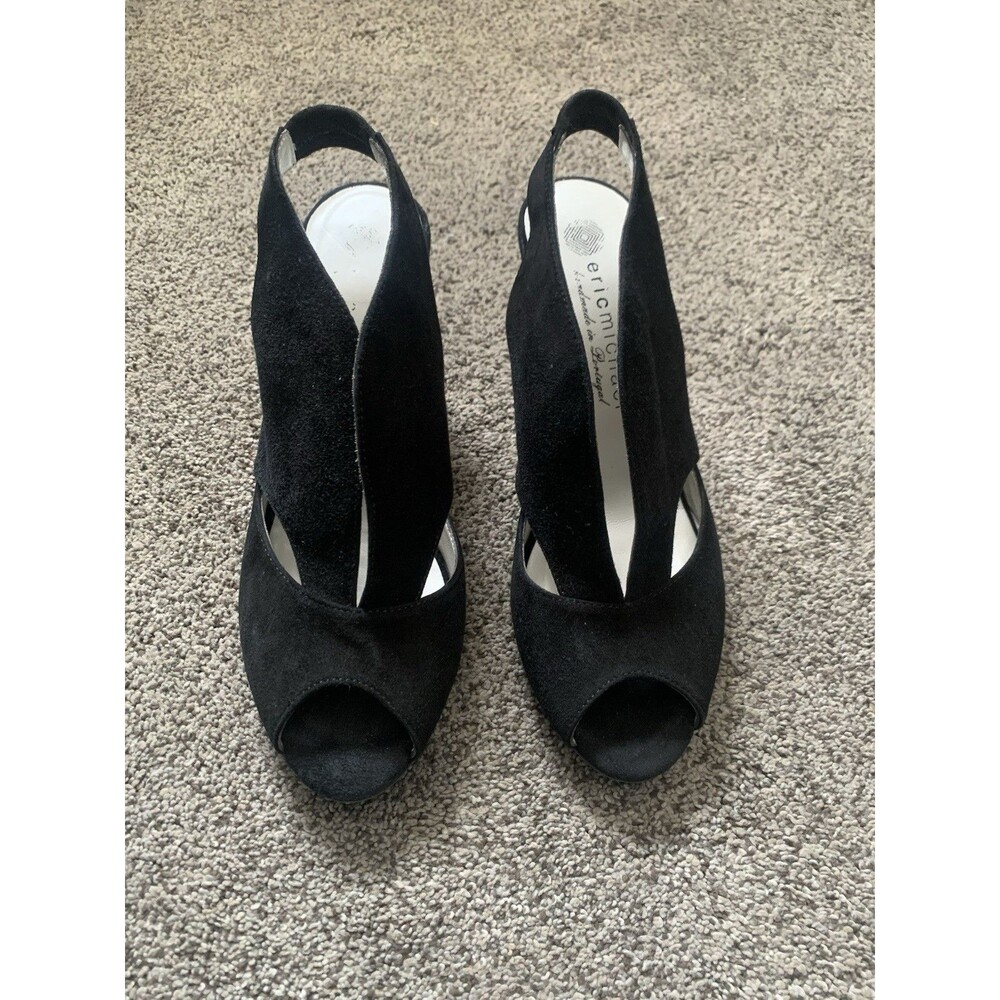 Eric Michael Black Suede Pumps Open Toe Slingback Retro Heels Size 39